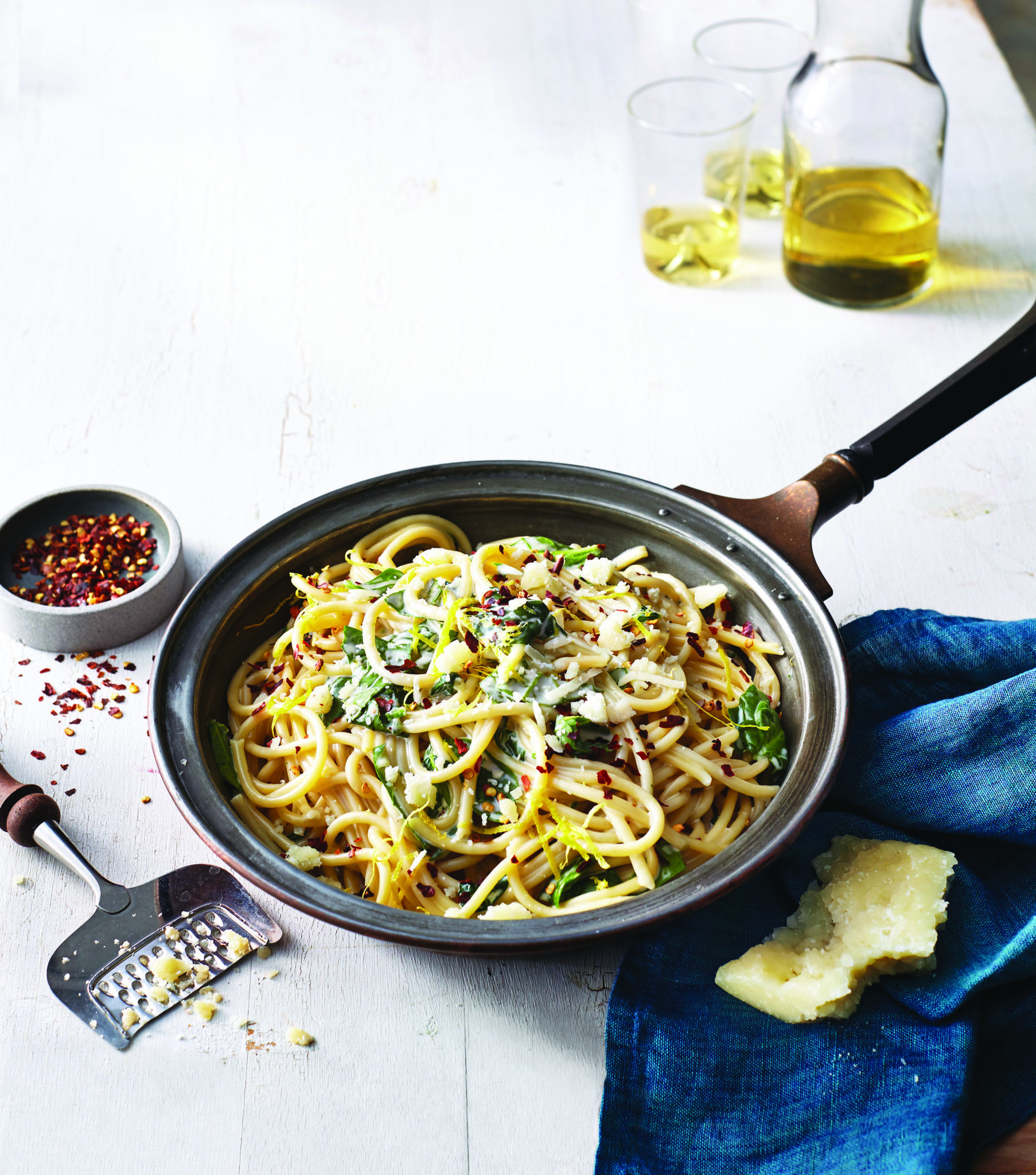 Bucatini with Wilted Spinach and Lemon Mascarpone Sauce